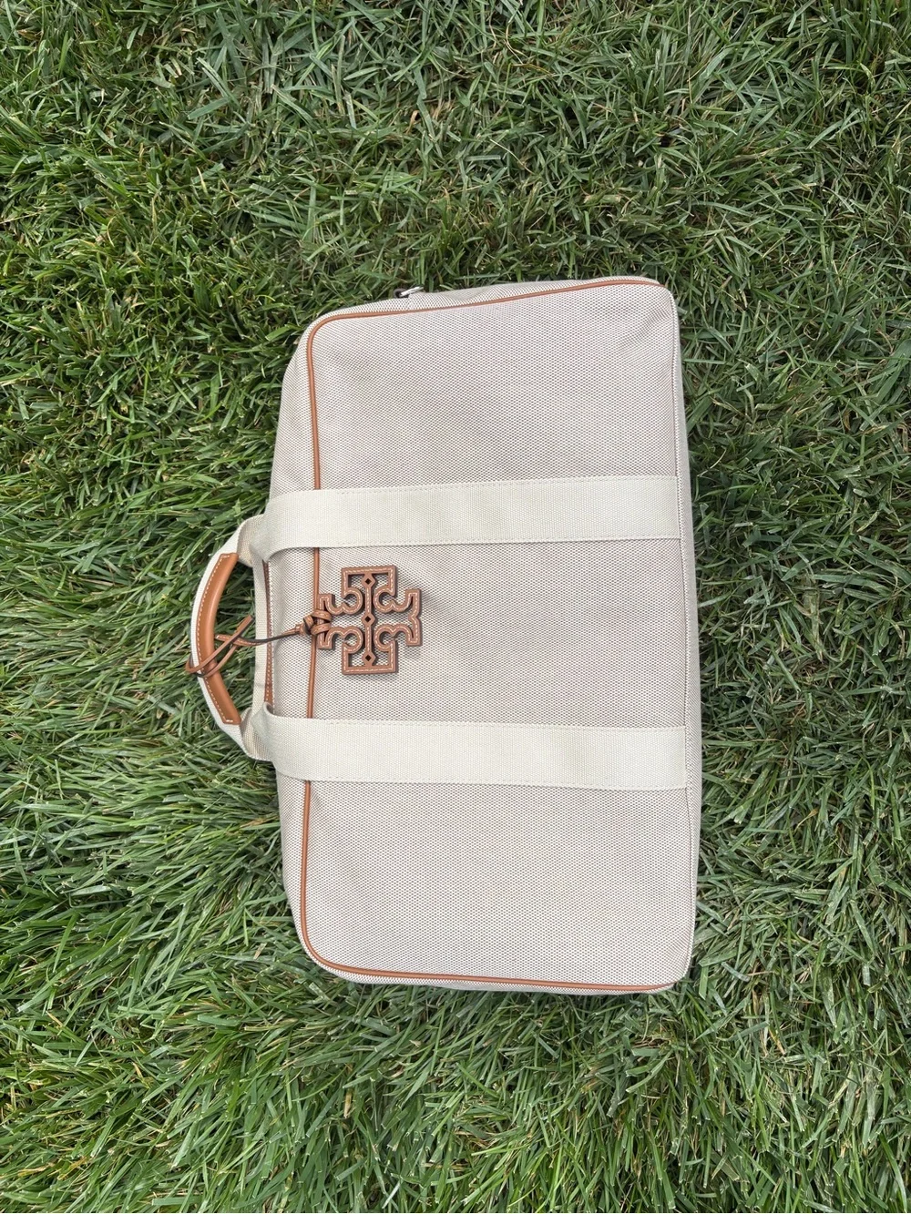Tory Burch Canvas Pickleball Duffel in Cream with Tan Trim and Logo Charm